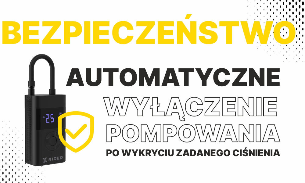 Obraz przedstawia pompkę rowerową XRIDER z wyświetlaczem pokazującym wartość 2.5. Tekst na obrazie: \'BEZPIECZEŃSTWO AUTOMATYCZNE WYŁĄCZENIE POMPOWANIA PO WYKRYCIU ZADANEGO CIŚNIENIA\'.