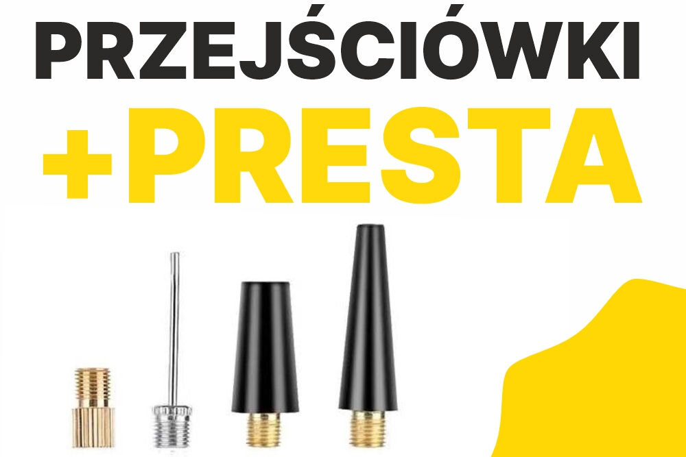 Na obrazie widoczne są cztery różne adaptery do pompek rowerowych. Nad nimi znajduje się tekst: \'PRZEJŚCIÓWKI +PRESTA\'.