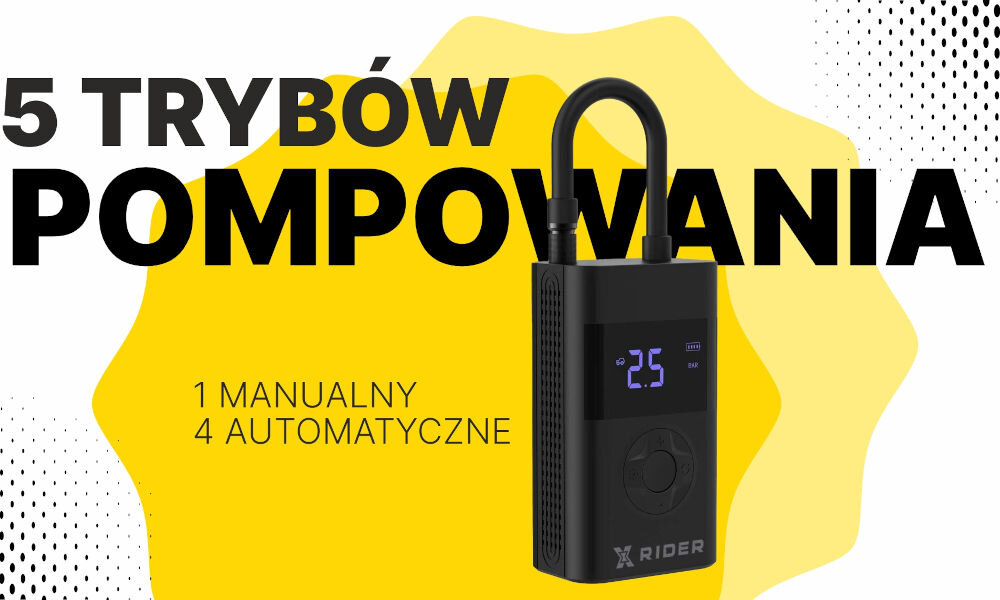 Obraz przedstawia czarną pompkę rowerową XRIDER z wyświetlaczem cyfrowym, na którym widnieje liczba 2.5. Na żółtym tle znajduje się tekst: \'5 TRYBÓW POMPOWANIA, 1 MANUALNY, 4 AUTOMATYCZNE\'.