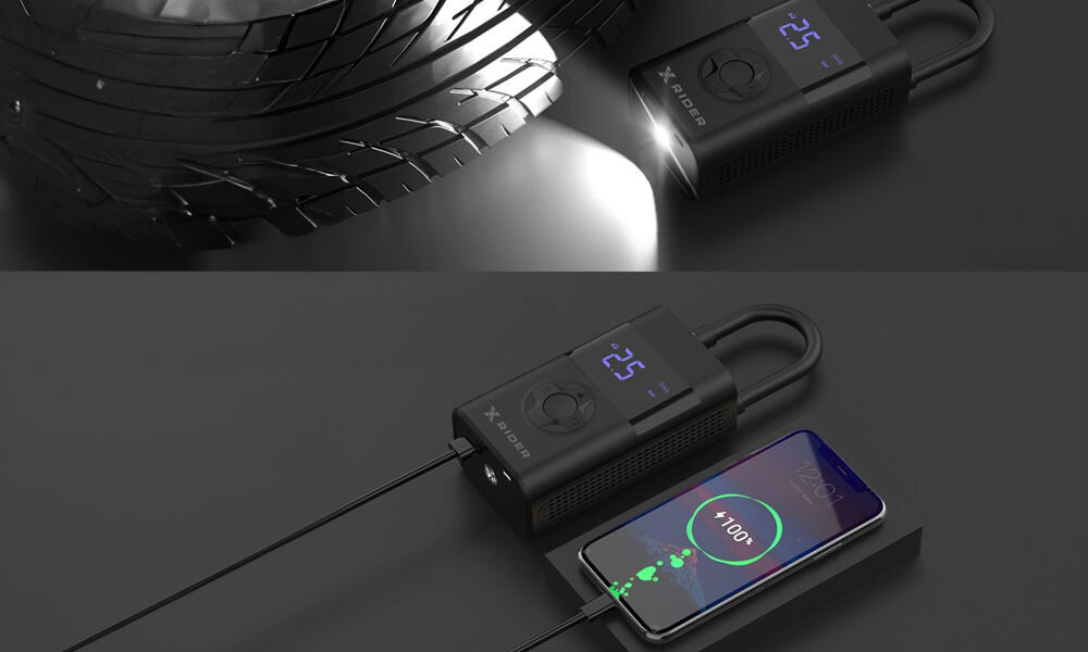 Na obrazie widoczna jest pompka rowerowa XRIDER z funkcją powerbanku, z wyświetlaczem pokazującym \'25\' oraz logo \'X RIDER\'. Urządzenie jest używane do pompowania opony oraz ładowania telefonu, który pokazuje stan naładowania \'100%\'.
