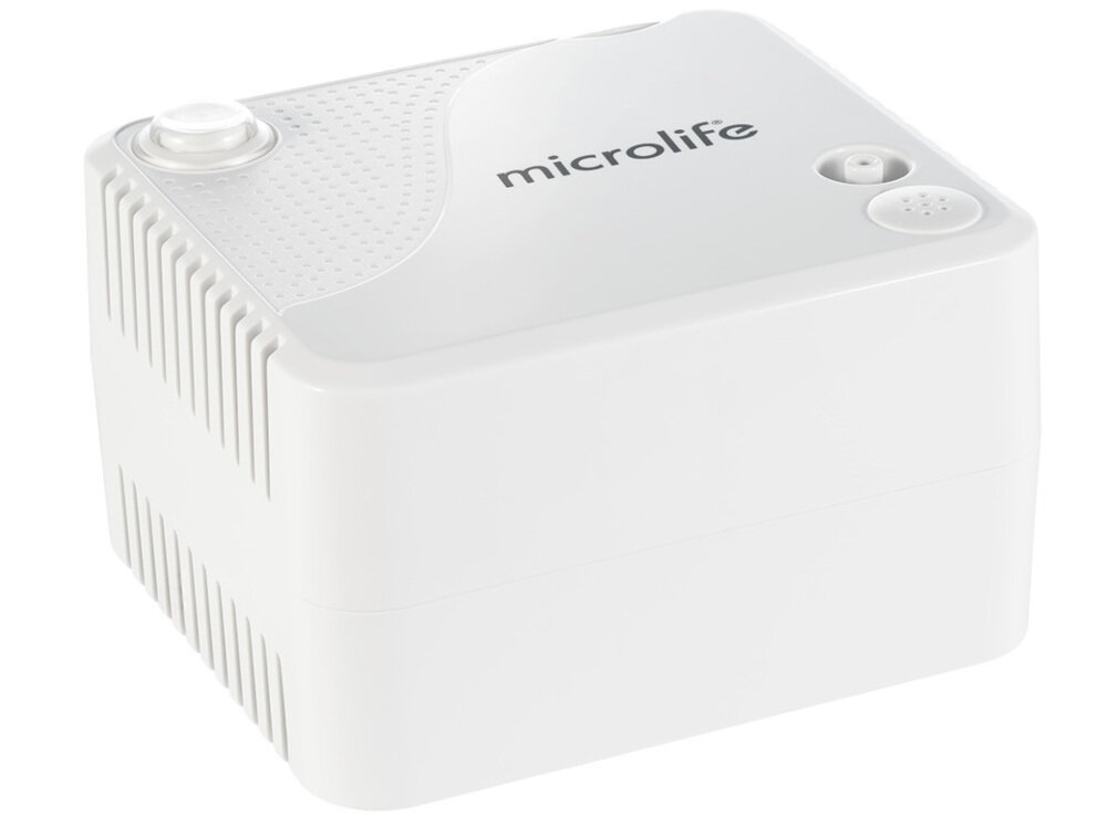 Biały inhalator nebulizator z widocznym logo \'microlife\' na górnej powierzchni. Urządzenie ma prostokątny kształt z zaokrąglonymi krawędziami i widocznymi otworami wentylacyjnymi.