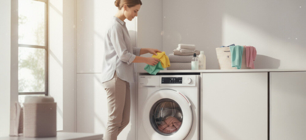 PRALKA SHARP ES-NFA612DWB-PL Na zdjęciu widoczna jest kobieta stojąca przy pralce w jasnej, nowoczesnej łazience lub pralni. Układa kolorowe ubrania na blacie nad pralką, obok znajdują się pojemniki oraz złożone ręczniki. Przez duże okno wpada naturalne światło, tworząc przytulną, domową atmosferę technologia oszczędność wygoda funkcjonalność kompaktowa forma para Eco Logia Allergy Smart czystość higiena ubrania energooszczędność skuteczność cicha pranie dopasowanie komfort