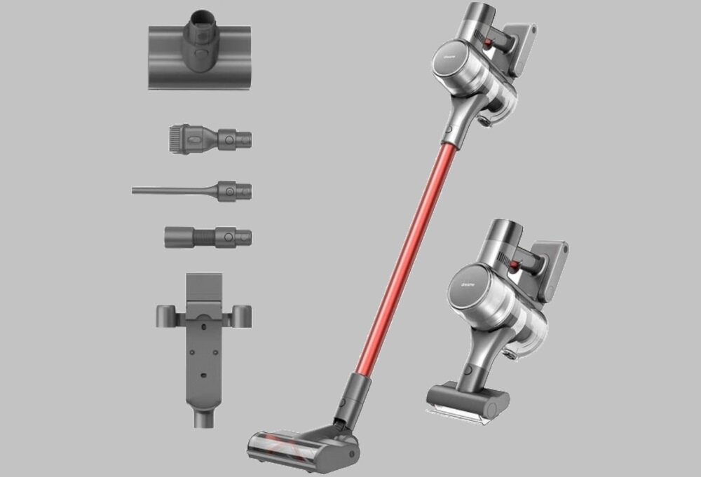 Obraz przedstawia odkurzacz bezprzewodowy z czerwonym uchwytem oraz zestawem sześciu akcesoriów. Na odkurzaczu widoczne jest logo \'Dreame\'.