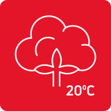 Czerwony kwadratowy symbol z białym konturem bawełny i napisem \'20°C\'.