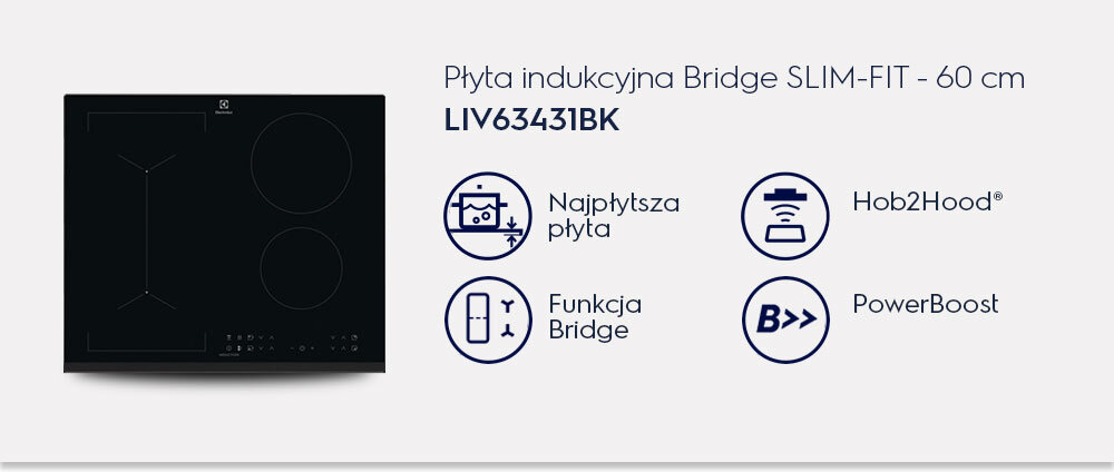 Obraz przedstawia płytę indukcyjną z dwoma okrągłymi polami grzewczymi i panelem sterowania. Obok znajdują się ikony z napisami: \'Najpłytsza płyta\', \'Funkcja Bridge\', \'Hob2Hood®\', \'PowerBoost\'.