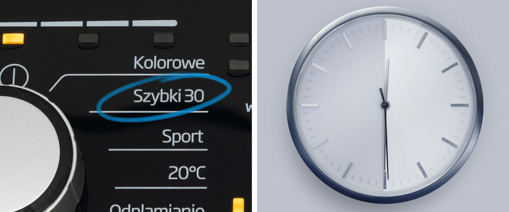 Po lewej stronie widoczny jest panel sterowania pralki z zaznaczonym programem \'Szybki 30\'. Po prawej stronie znajduje się zegar ścienny z metaliczną ramką, wskazujący godzinę 10:10.