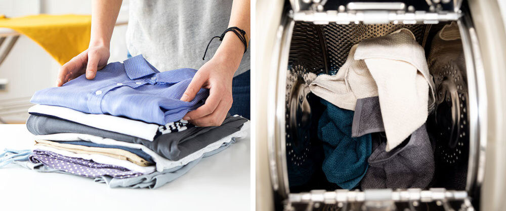 Po lewej stronie osoba składa stos ubrań na białym stole. Po prawej stronie widoczny jest bęben pralki z kolorowymi ubraniami w środku.