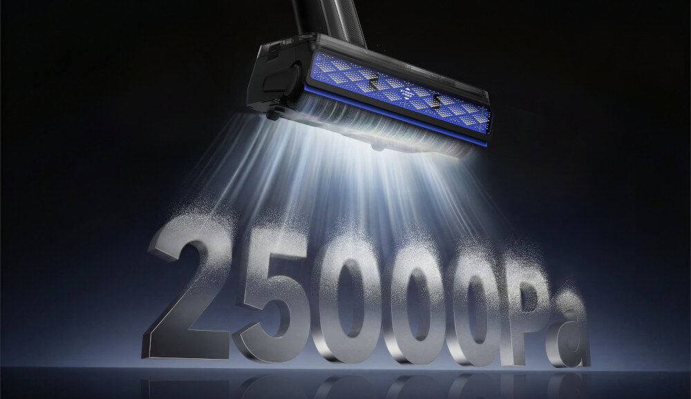Obraz przedstawia głowicę urządzenia czyszczącego z niebieskim elementem, z której wydobywają się promienie światła skierowane na napis \'25000Pa\'.