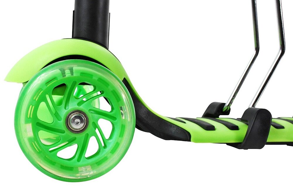 Zielone koło hulajnogi z czarnymi i zielonymi elementami konstrukcyjnymi oraz metalowymi wspornikami.