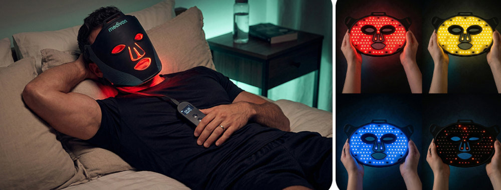 Maska LED MEDIVON Lumi zdjęcie lifestyle Tryby pielęgnacji 6 trybów pracy naprawczy, odmładzający, przeciw starzeniu, poranna pielęgnacja, przeciwtrądzikowy i wieczorna pielęgnacja 3 poziomy intensywności światła Tryb Pulse pilot do sterowania  Wyświetlacz, timer i akumulator 5000 mAh