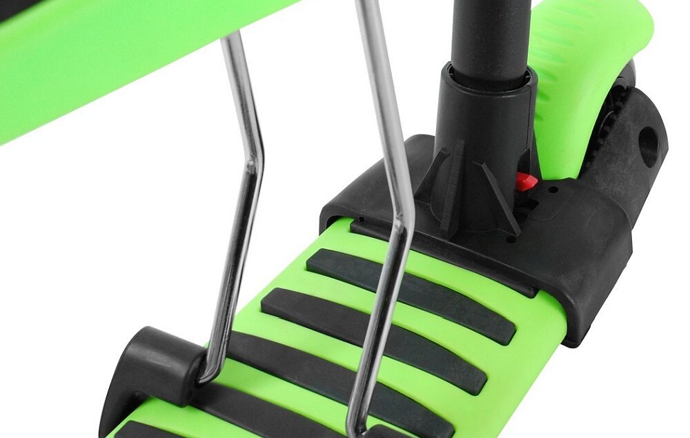 Zbliżenie na zieloną platformę hulajnogi z czarnymi elementami i metalowymi wspornikami.