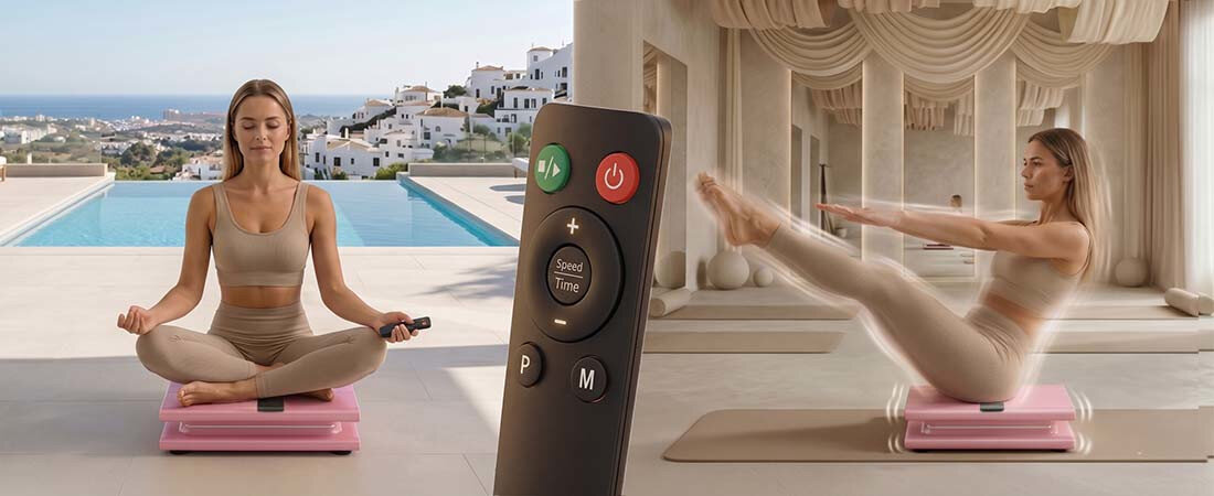 Platforma wibracyjna MEDIVON Oxya Pro zdjęcie lifestyle wibracje pionowe góra–dół Moc 90 W zasilanie sieciowe 230 V i kompaktowa konstrukcja