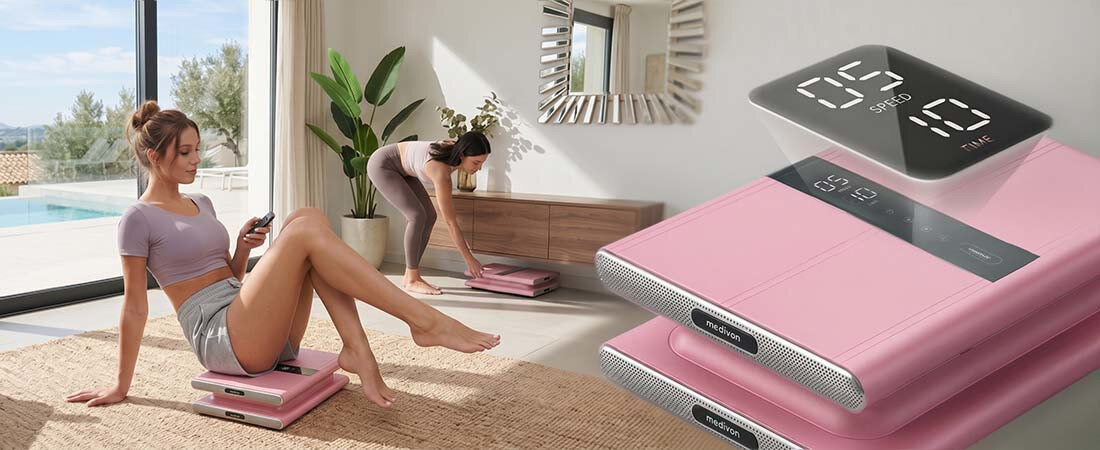 Platforma wibracyjna MEDIVON Oxya Pro zdjęcie lifestyle dla nóg, rąk i pośladków na rytmicznych wibracjach  Antypoślizgowa powierzchnia maksymalna waga użytkownika 120 kg