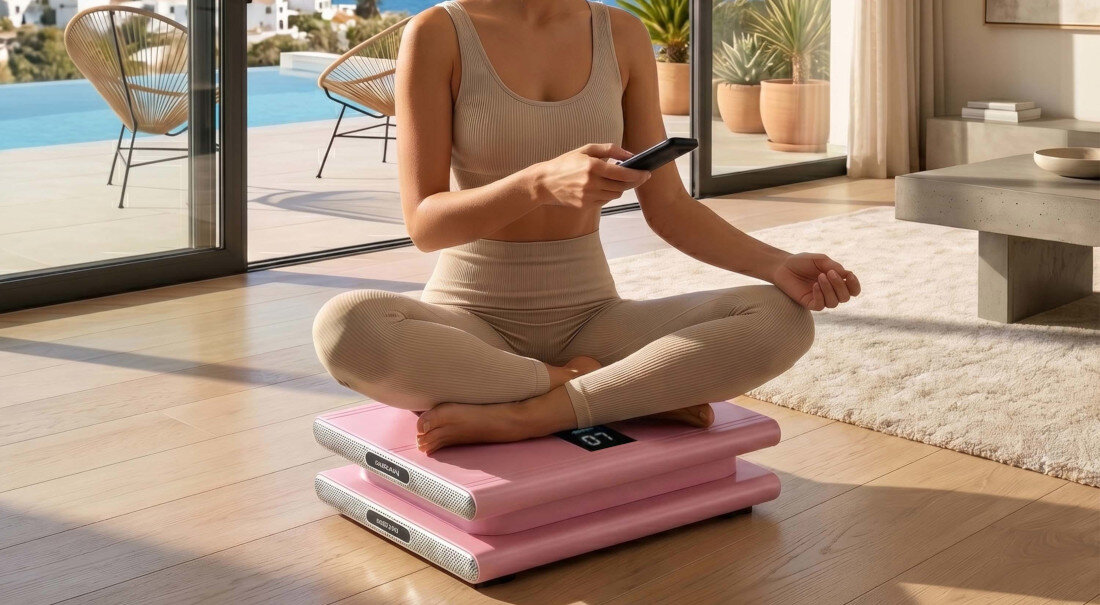 Platforma wibracyjna MEDIVON Oxya Pro zdjęcie lifestyle do domowej strefy fitness wymiary zasilanie sieciowe z tworzywa sztucznego różowe wykończenie