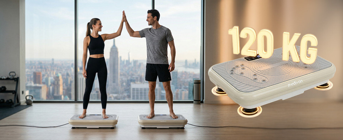 Platforma wibracyjna MEDIVON Oxya Fit zdjęcie lifestyle Programy automatyczne 5 programów automatycznych P1–P5 99 poziomów wibracji timer do 10 minut cykle treningowe z możliwością ustawienia czasu Wyświetlacz LED pilot do sterowania 