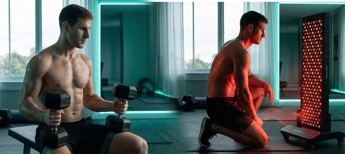 Panel LED MEDIVON Lumera Max zdjęcie lifestyle na różnych warstwach tkanek działa wielopoziomowo Światło czerwone bliska oraz głęboka podczerwień Natężenie promieniowania >155 mW/cm² kąt świecenia 30° Natężenie promieniowania >155 mW/cm² kąt świecenia 30°