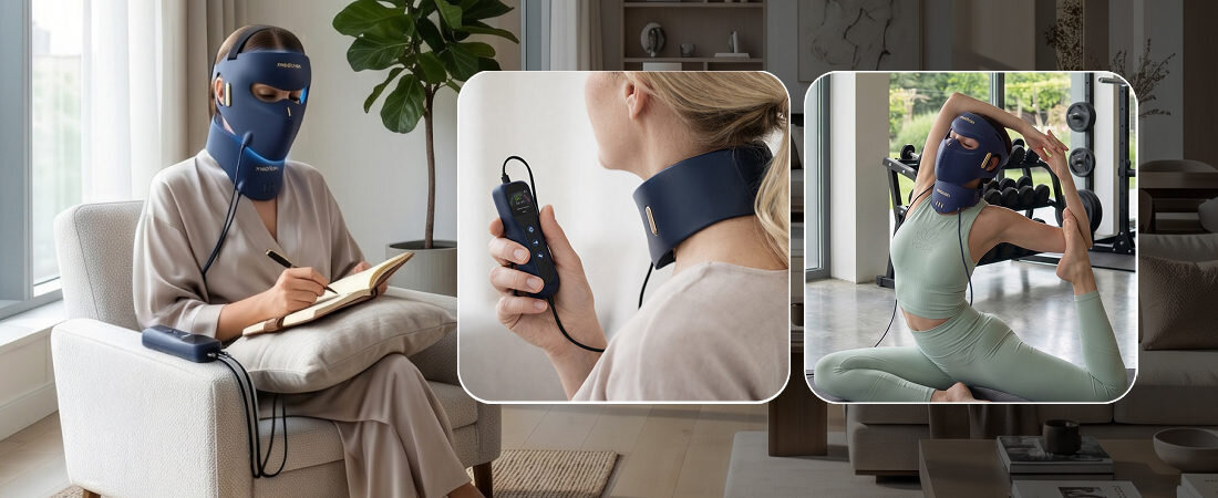 Maska LED MEDIVON Lumi 3D Pro zdjęcie lifestyle domową pielęgnację twarzy, szyi i dekoltu 6 trybów pracy  3 poziomy intensywności 822 diody LED silikonowa konstrukcja ergonomiczna forma Światło LED 3D 