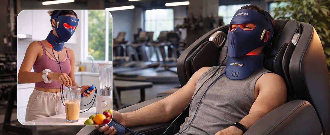 Maska LED MEDIVON Lumi 3D Pro zdjęcie lifestyle zdrowy i zadbany wygląd Dopasowana pielęgnacja pomaga wprowadzić skuteczną pielęgnację do codziennej rutyny