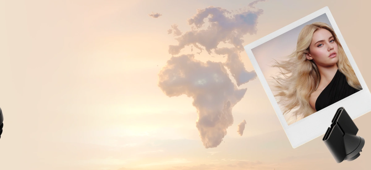 Koncentrator ułożony obok zdjęcia modelki z wystylizowanymi włosami. W tle są pastelowe chmury w kształcie Europy i Afryki.