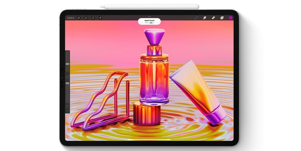 Tablet z rysikiem na górze ekranu, wyświetlający kolorową grafikę z butelką i tubką. Widoczny tekst: \'Apple Pencil\'.