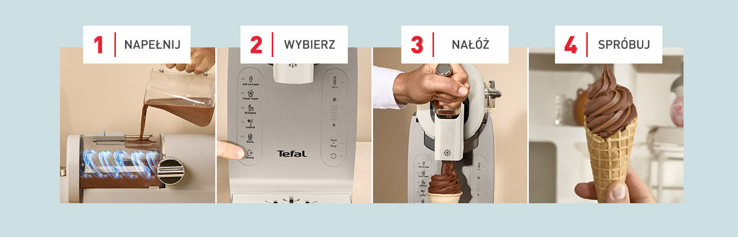 Napełnianie maszyny do lodów TEFAL Freezi IG803AE0; osoba klika przycisk, trzyma na uchwyt i tworzą się lody; gotowy lód w wafelku trzymany w ręce.