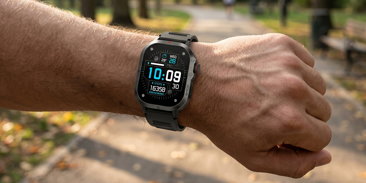 Czarny, sportowy smartwatch Denver na męskim nadgarstku; wyświetla godzinę i liczbę kroków na tle parkowej alejki.