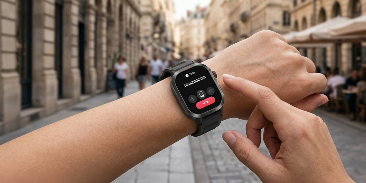 Osoba wybiera numer telefonu na czarnym smartwatchu Denver; tarcza urządzenia widoczna na tle miejskiego deptaka.