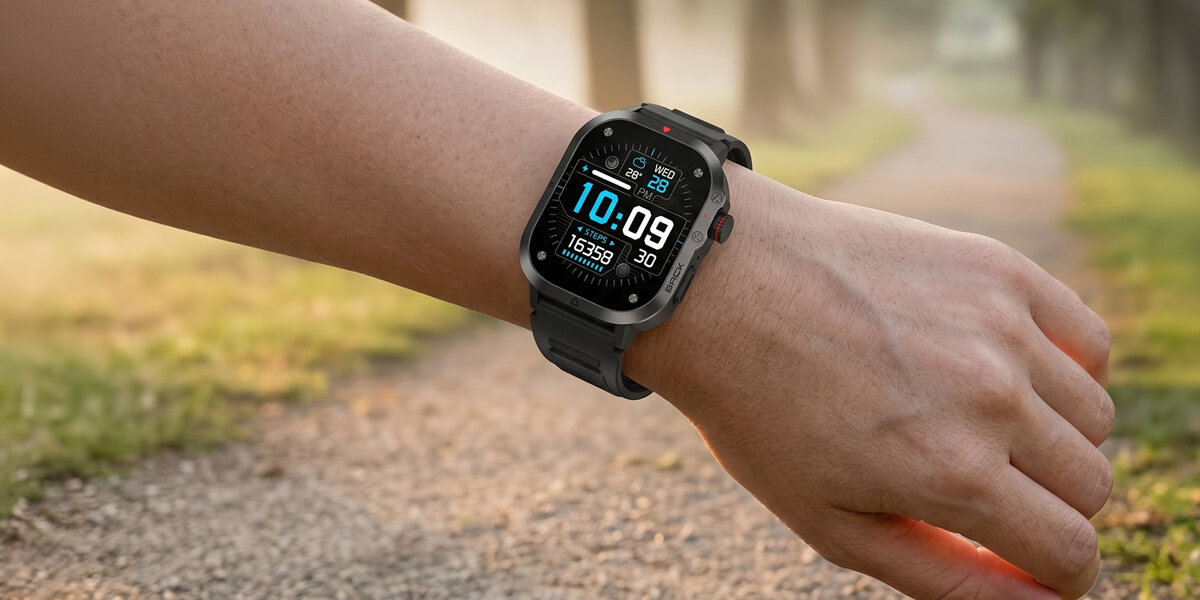 Zbliżenie na czarny smartwatch Denver na nadgarstku podczas spaceru; wyświetla godzinę i liczbę kroków na tle nasłonecznionej ścieżki.
