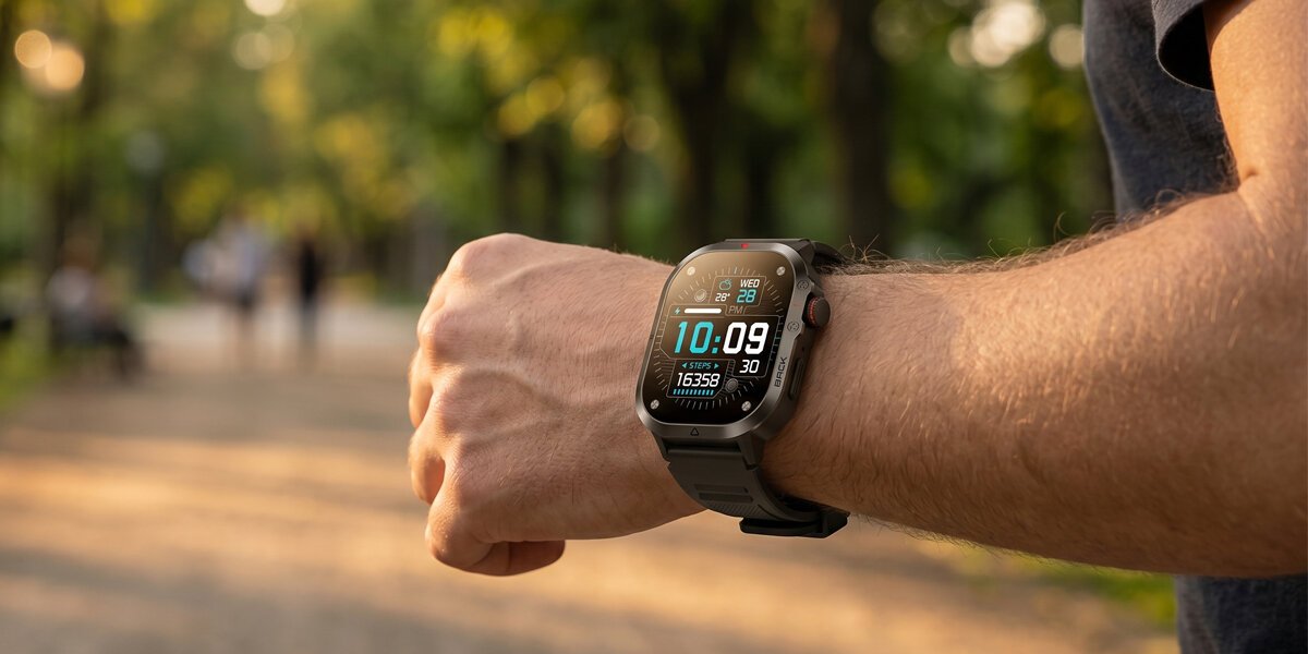 Zbliżenie smartwatch na ręce mężczyzny podczas biegu w parku o zachodzie słońca. Na tarczy widoczna godzina oraz liczba kroków.