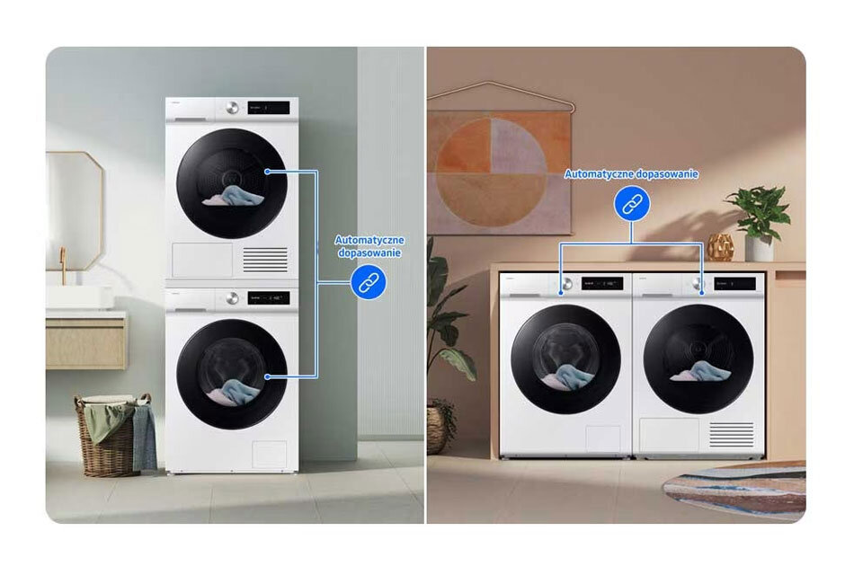 Funkcja Auto Cycle Link w suszarce Samsung Bespoke AI 9kg DV90DB7845GWU4 automatycznie dopasowuje ustawienia do pralki.