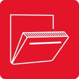 Ikona przedstawia otwartą książkę na czerwonym tle, z prostymi liniami sugerującymi strony i okładkę.