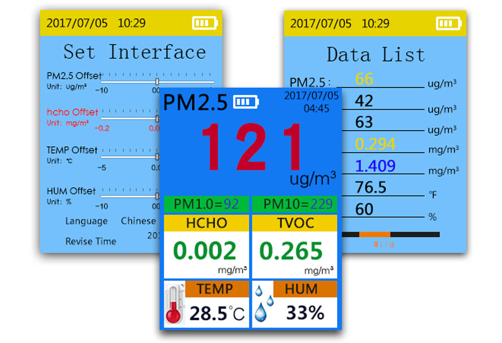 Czujnik powietrza i smogu DIENMERN DM106A pomiar szkodliwych pylow PM1 PM2,5 PM10 HCHO TVOC