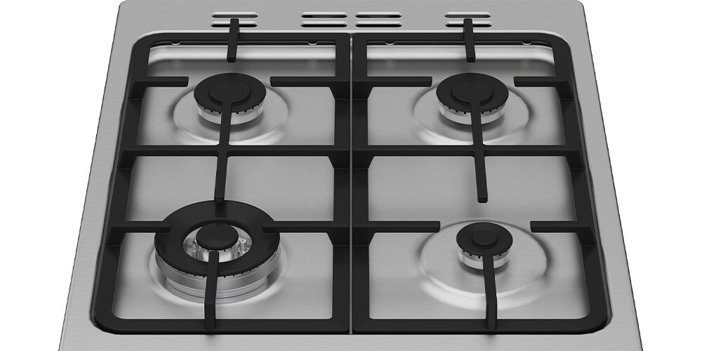 KUCHNIA BEKO FSM51331DXDT wizualizacja ruszt palniki płyta od góry żeliwne ruszty stabilizacja naczyń trwałość wytrzymałość