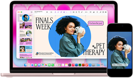Na obrazie widoczny jest laptop i smartfon, oba wyświetlają ten sam ekran z grafiką przedstawiającą osobę trzymającą białego królika oraz tekst \'FINALS WEEK\' i \'PET THERAPY\'.