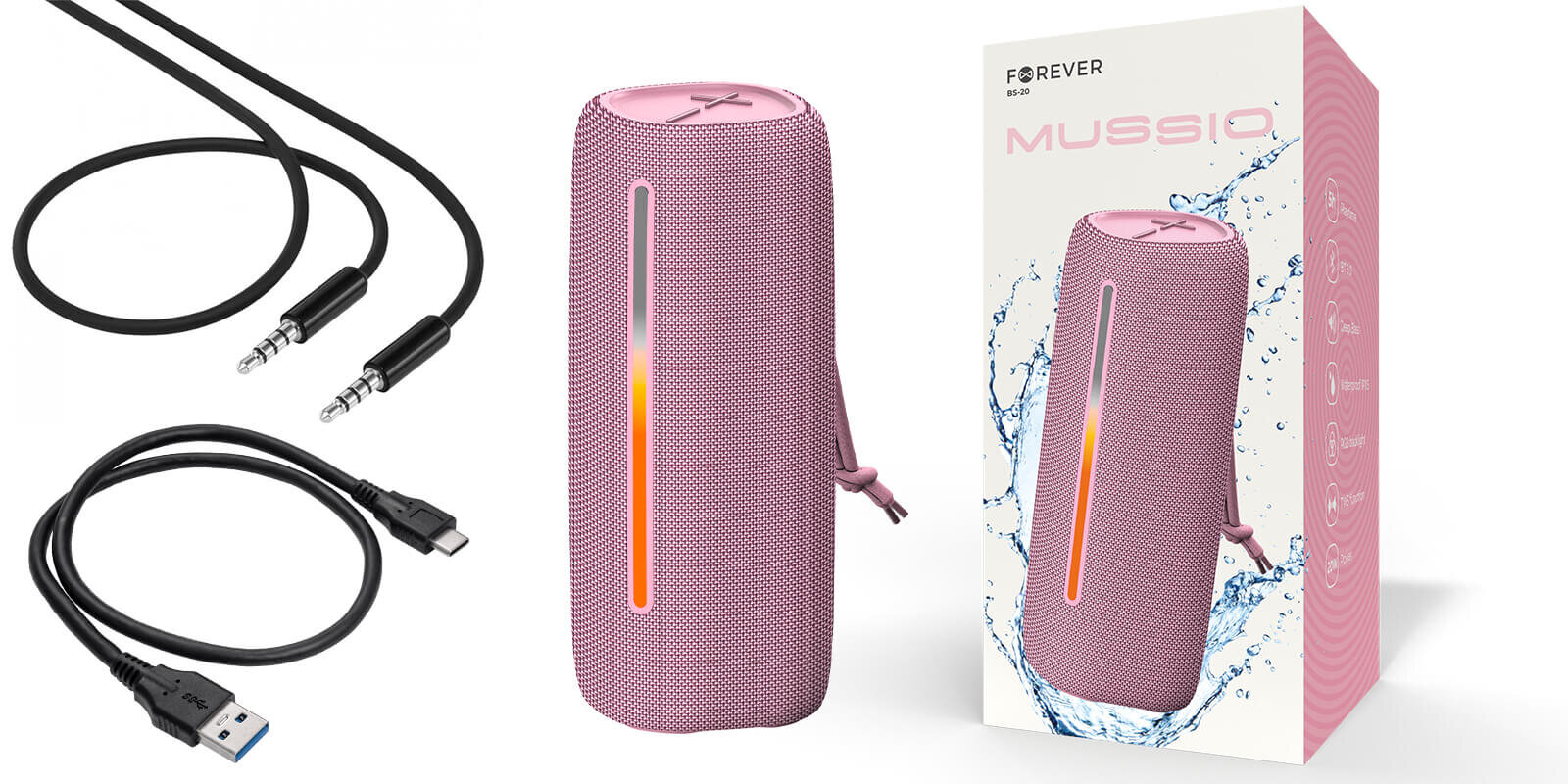 Głośnik mobilny FOREVER BS-20  dźwięk domowy głośnik podświetlenie RGB kompaktowy  efekt stereo  bezprzewodowy wodoszczelność odporność łączność