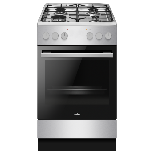 Na zdjęciu znajduje się kuchnia gazowa z czterema palnikami i piekarnikiem. Na froncie widoczne są pokrętła oraz logo \'Amica\'.