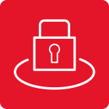 Czerwone tło z białą ikoną kłódki w środku. Kłódka jest otoczona okręgiem.