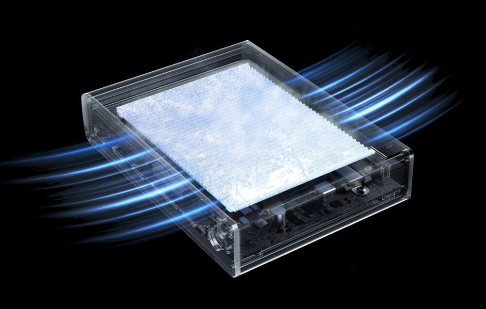 Stacja dokująca UGREEN Maxidok U712 Przekrój obudowy urządzenia Ugreen pokazujący system odprowadzania ciepła z wnętrza za pomocą przepływu powietrza