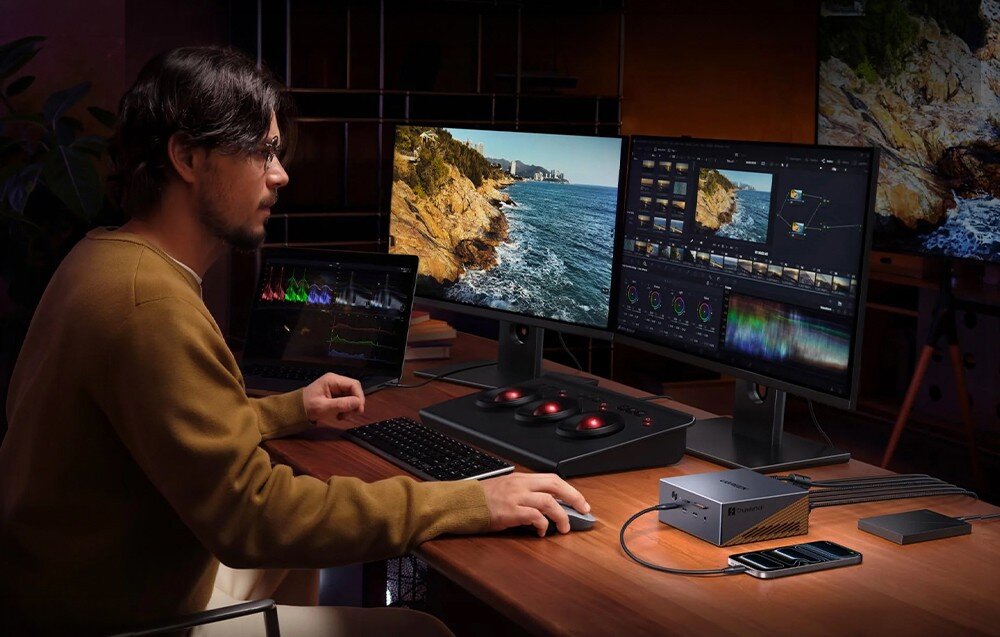 Osoba siedzi przy biurku z dwoma monitorami, na których wyświetlane są obrazy i oprogramowanie do edycji wideo. Na biurku znajduje się stacja dokująca podłączona do telefonu i laptopa.