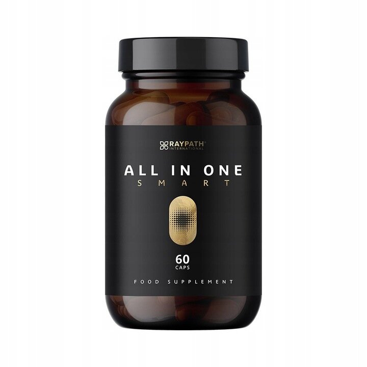 Na obrazie widoczna jest ciemna butelka z etykietą zawierającą tekst: \'RAYPATH INTERNATIONAL ALL IN ONE SMART 60 CAPS FOOD SUPPLEMENT\'.