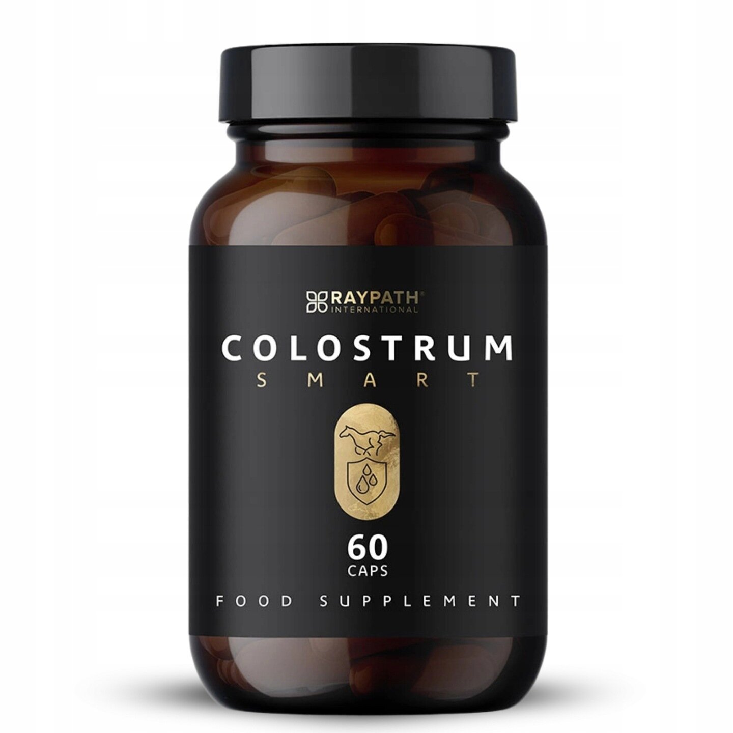 Na obrazie widoczna jest ciemna butelka z etykietą \'RAYPATH INTERNATIONAL COLOSTRUM SMART 60 CAPS FOOD SUPPLEMENT\'.