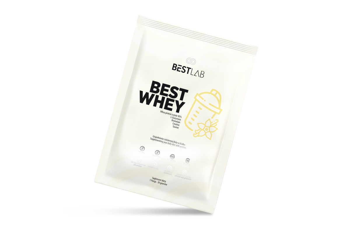 Opakowanie produktu Bestlab Bestwhey Saszetka 30g z widocznym logo Bestlab i grafiką shakera z kwiatem. Na opakowaniu znajduje się tekst: \'Whey protein isolate 90%, Concentrate 80%, Collagen, Taurine\'.