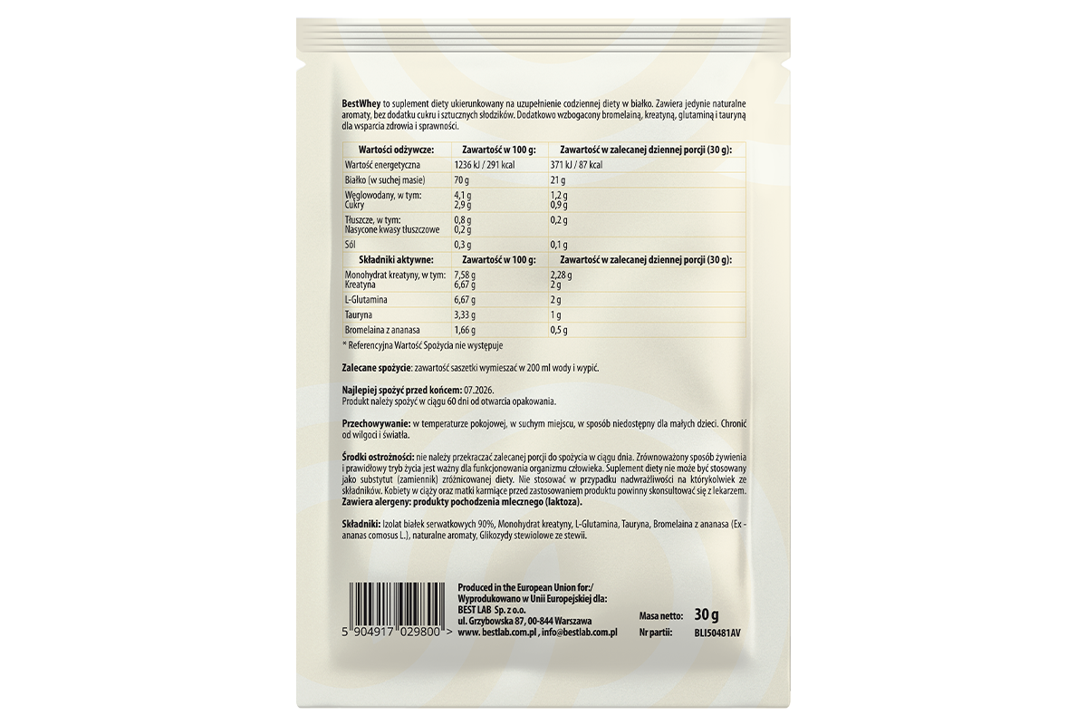 Opakowanie produktu Bestlab Bestwhey Saszetka 30g z tabelą wartości odżywczych i składników aktywnych. Widoczny tekst zawiera informacje o zalecanym spożyciu, składnikach oraz danych producenta.