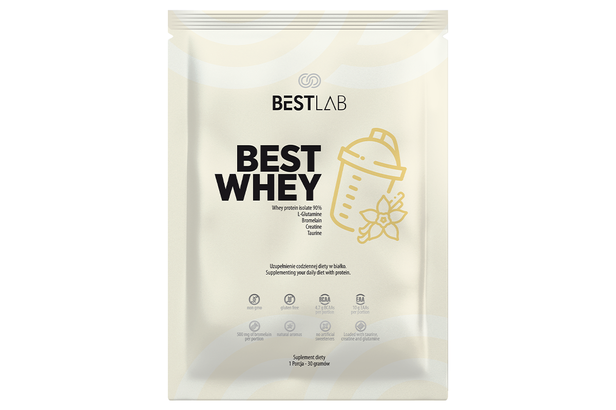 Opakowanie produktu Bestlab Bestwhey Saszetka 30g z widocznym logo Bestlab i grafiką shakera. Na opakowaniu znajdują się informacje o składnikach, takich jak izolat białka serwatkowego, L-glutamina, BCAA, kreatyna i tauryna.