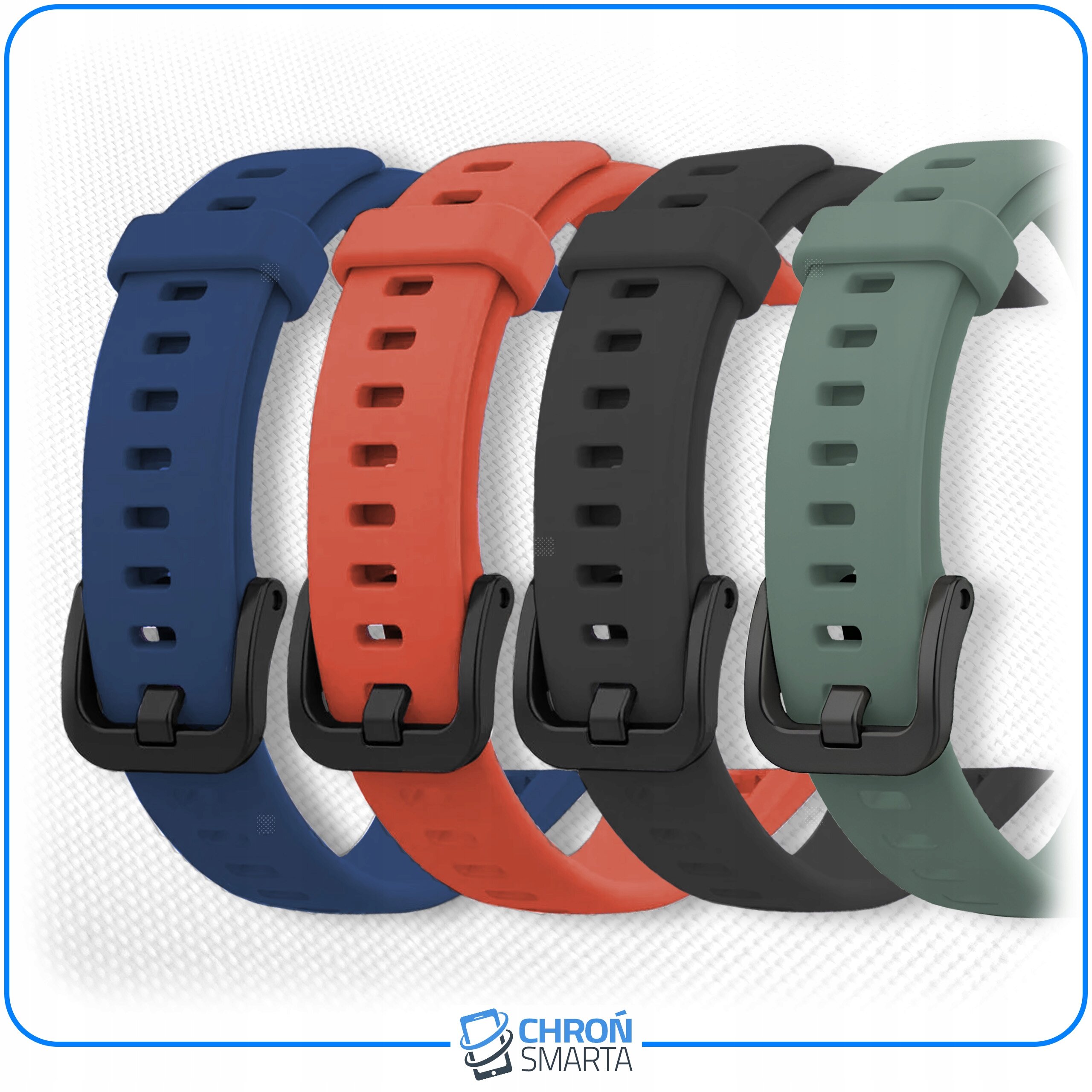 Cztery paski do smartband\'a w kolorach niebieskim, pomarańczowym, czarnym i zielonym, każdy z czarną klamrą. Na dole widoczne jest logo \'CHROŃ SMARTA\'.