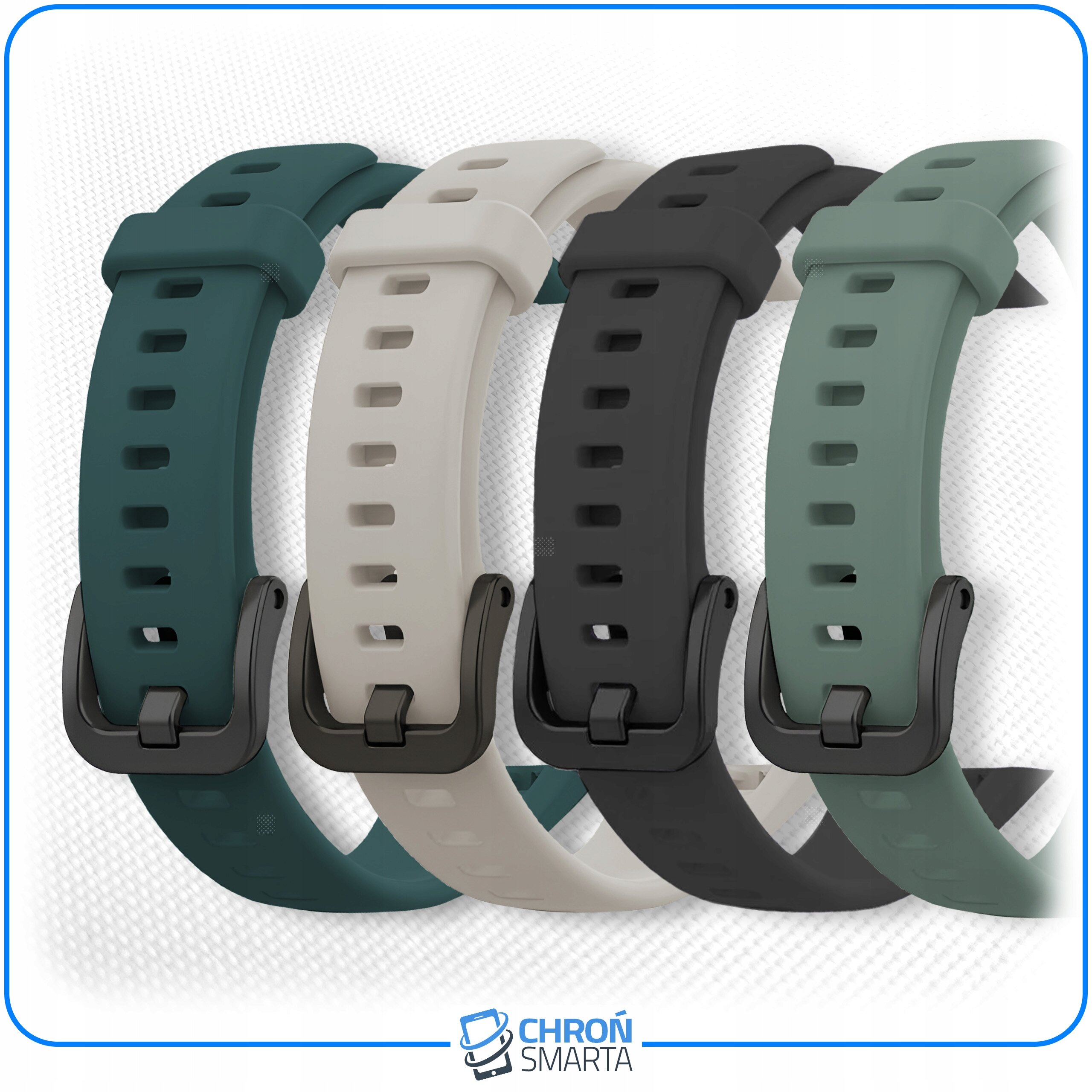 Cztery paski do smartband\'a w różnych kolorach: zielonym, białym, czarnym i jasnym zielonym, z metalowymi klamrami. Na dole widoczne jest logo \'CHROŃ SMARTA\'.