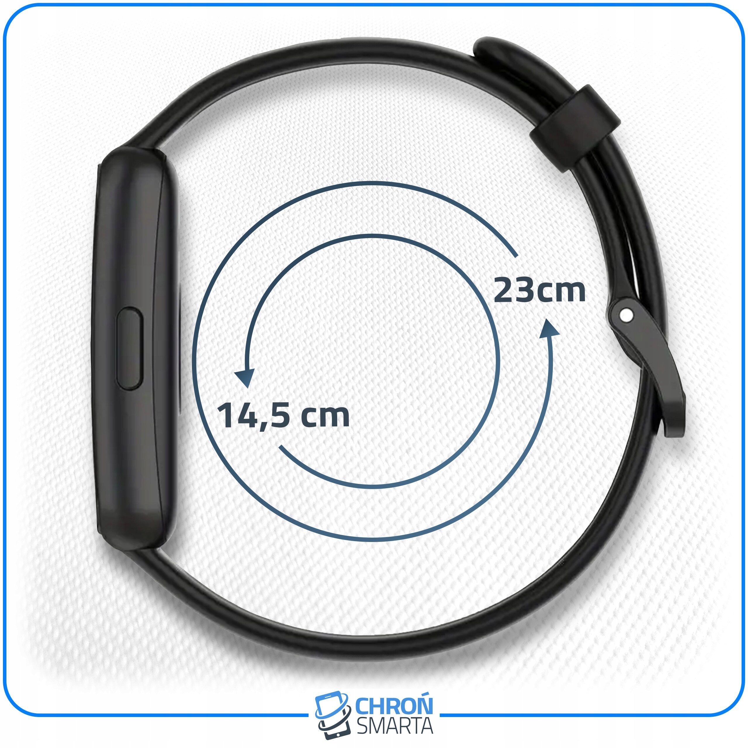 Czarny pasek do smartband\'a z oznaczeniami długości 14,5 cm i 23 cm na białym tle. Na dole widoczne jest logo \'CHROŃ SMARTA\'.