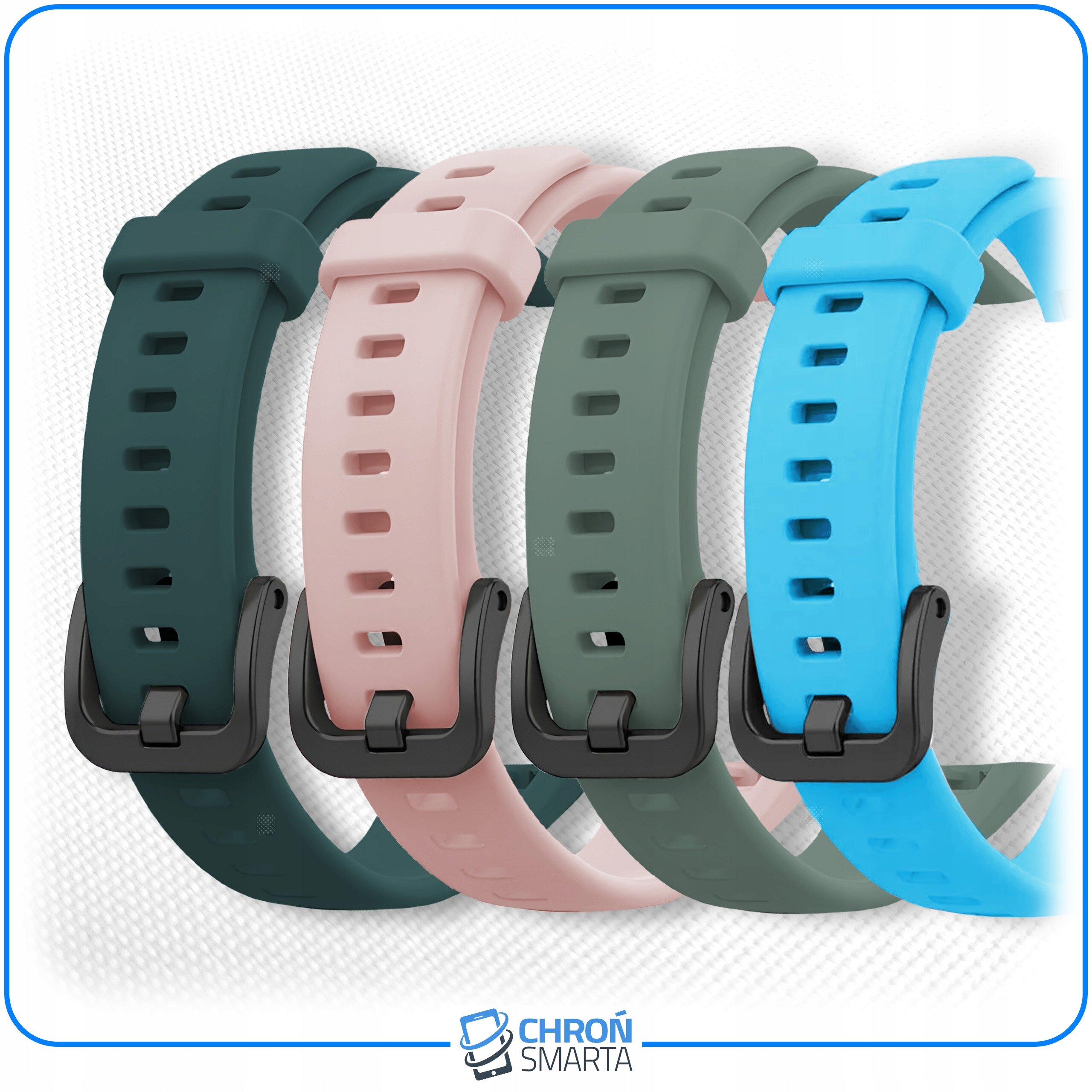 Cztery paski do smartband\'a w kolorach: zielonym, różowym, szarym i niebieskim, z czarnymi klamrami. Na dole widoczne logo \'CHROŃ SMARTA\'.