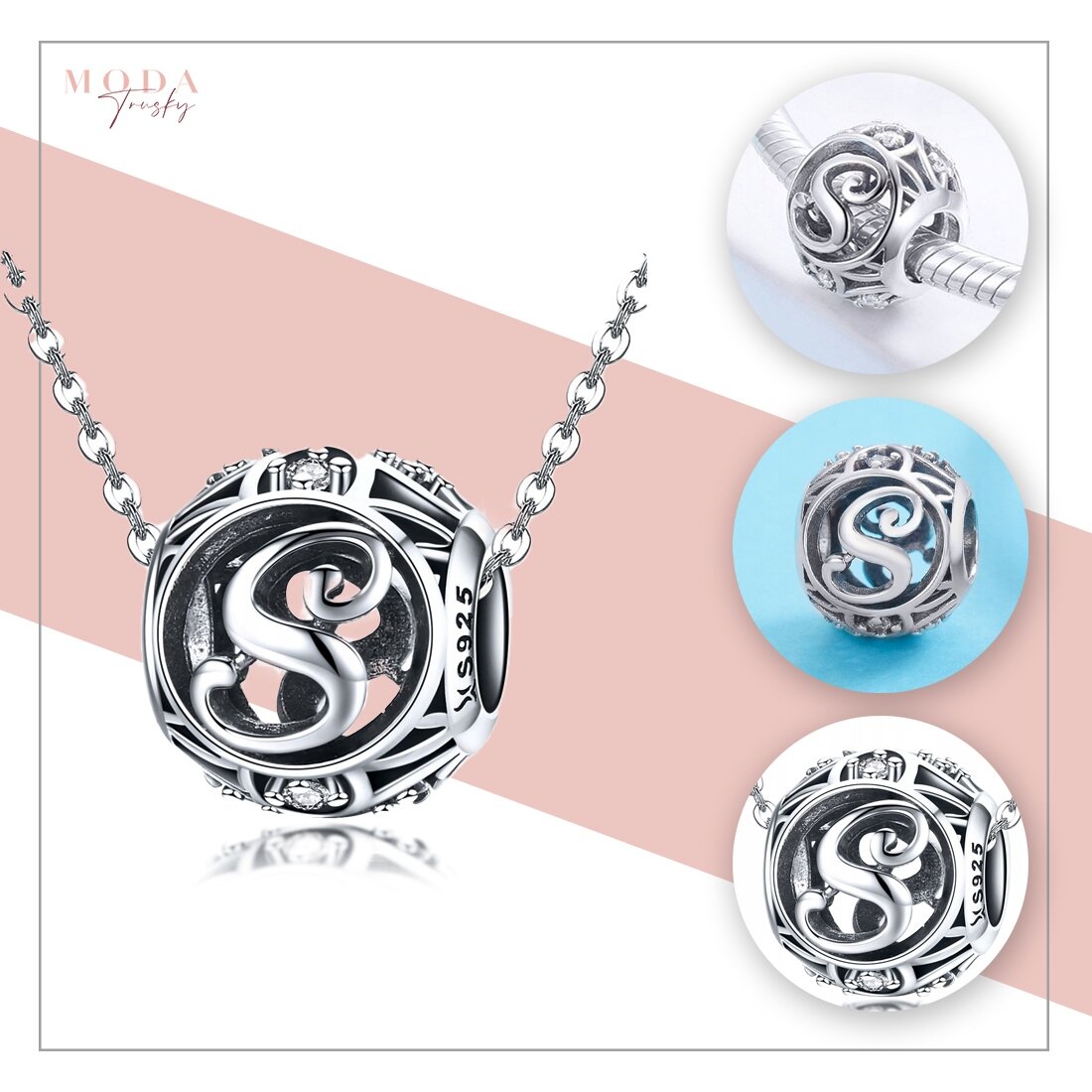 Na obrazie widoczna jest srebrna zawieszka charms z literą \'S\' oraz oznaczeniem \'S925\'. Zawieszka jest przedstawiona na kilku zdjęciach, w tym na łańcuszku i bransoletce.