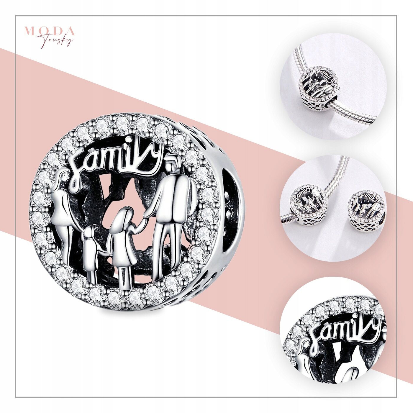 Srebrna zawieszka charms z napisem \'family\' i motywem rodziny, ozdobiona drobnymi kamieniami. W tle widoczne logo \'MODA Frosty\'.